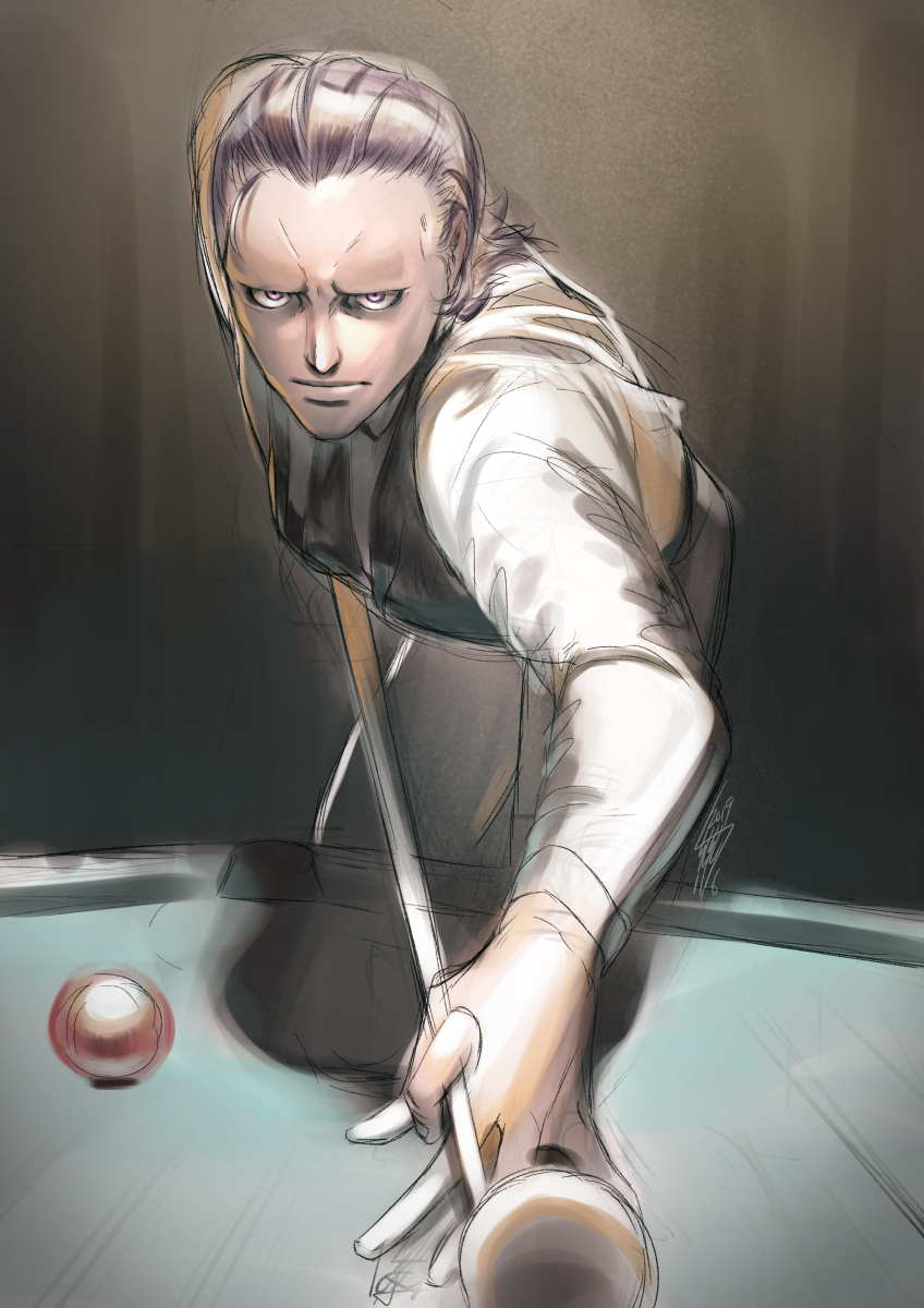 1boy apron artist_name ball bangs_pinned_back billiard_ball billiards bishop_(daemon_x_machina) black_vest brown_background closed_mouth cowboy_shot cue_stick daemon_x_machina dated forehead furrowed_brow gradient_background grey_hair highres holding holding_cue_stick leaning_forward long_sleeves looking_at_viewer male_focus old old_man pink_eyes playing_games pool_table shirt short_hair signature simple_background sketch solo standing table tsunetaka_rakurai vest waist_apron white_apron white_shirt