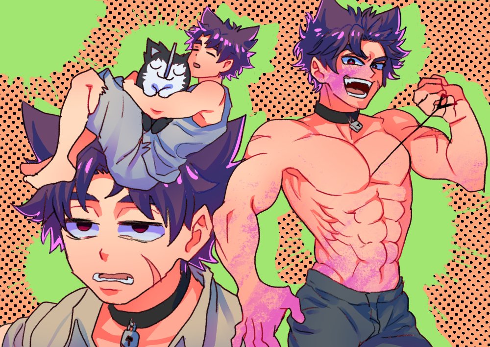 1boy abs animal_ears armpits black_pants chainsaw_man collar cosplay cowboy_shot cseighteen denji_(chainsaw_man) denji_(chainsaw_man)_(cosplay) dog dog_ears fangs forked_eyebrows green_outline grey_shorts grey_tank_top halftone halftone_background lock looking_at_viewer male_focus multiple_views muscular muscular_male navel no_nipples open_mouth outline pants pectorals pet pochita_(chainsaw_man) pochita_(chainsaw_man)_(cosplay) purple_hair red_eyes scar scar_on_arm scar_on_face sharp_teeth shorts sleeping tank_top teeth topless_male yukimura_yoichi
