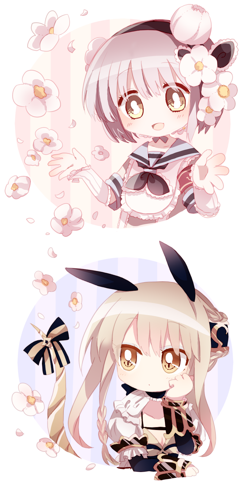 2girls black_choker black_hairband black_neckerchief blonde_hair breasts bright_pupils choker cleavage closed_mouth commentary_request flower frilled_choker frills grey_sailor_collar hair_flower hair_ornament hairband hand_on_own_cheek hand_on_own_face highres la_pucelle_(mahoiku) long_hair mahou_shoujo_ikusei_keikaku multiple_girls neckerchief no_nose open_mouth original pink_hair sailor_collar sailor_shirt shirt short_hair small_breasts smile snow_white_(mahoiku) usagi_nui white_flower white_pupils white_shirt yellow_eyes