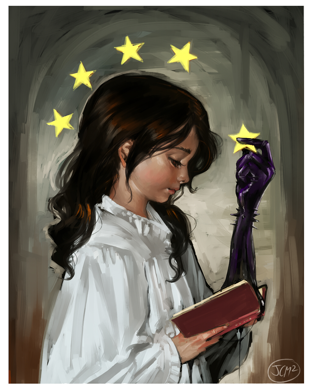 1girl bad_id bad_pixiv_id black_hair book border brown_background brown_hair dark-skinned_female dark_skin demon dress from_side gradient_background half-closed_eyes hand_up highres holding holding_book holding_star jcm2 long_sleeves looking_down original profile reading solo star_(symbol) symbol white_border white_dress