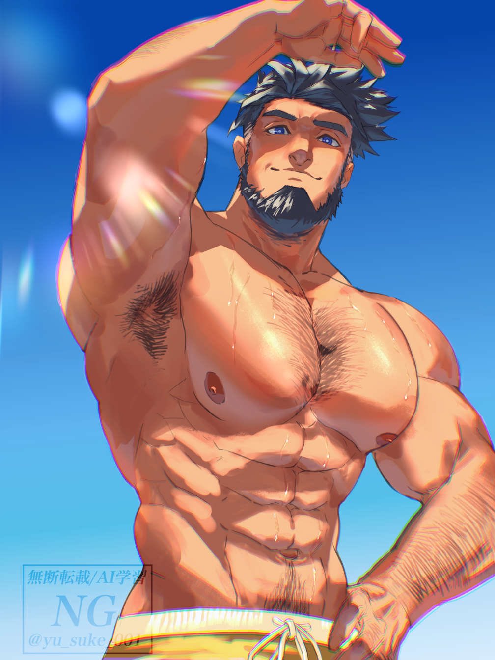 1boy abs arm_hair armpit_hair armpits bara beard black_hair blue_eyes bright_pupils chest_hair collarbone facial_hair hand_on_own_hip highres large_pectorals male_focus male_swimwear muscular muscular_male my_time_at_sandrock navel_hair nipples owen_(my_time_at_sandrock) pectorals refraction shading_eyes short_hair solo thick_eyebrows topless_male upper_body wet white_pupils yellow_male_swimwear yusuke_(yu_suke_001)