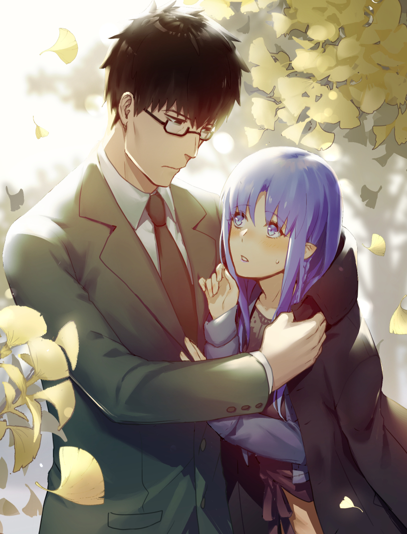 1boy 1girl black-framed_eyewear black_hair black_jacket black_neckwear blue_eyes blue_hair blush breasts coat commentary_request couple fate/stay_night fate_(series) formal_clothes glasses jacket kuzuki_souichirou looking_at_another medea_(caster)_(fate) medea_(fate) necktie pointy_ears semi-rimless_eyewear shirt sideboob suit sweatdrop touyama_sabu under-rim_eyewear white_shirt winter_clothes winter_coat