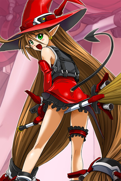 1girl back banpresto broom brown_hair demon_tail earrings elbow_gloves female_focus frilled_thigh_strap gloves green_eyes haruyama_kazunori hat jewelry kyon_feulion long_hair looking_back pointy_ears solo super_robot_wars super_robot_wars_og_saga_mugen_no_frontier tail thigh_strap very_long_hair witch_hat zoom_layer
