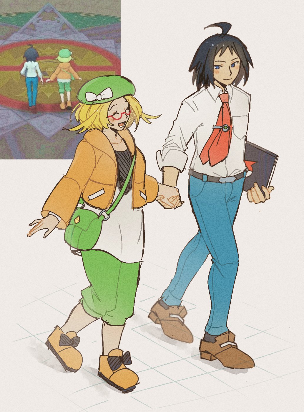 1boy 1girl ahoge belt belt_buckle beret bianca_(pokemon) black_hair bow brown_shoes buckle capri_pants cheren_(pokemon) closed_mouth collared_shirt glasses green_hat green_pants happy hat hat_bow highres holding holding_hands jacket miiyokoe nintendo open_clothes open_jacket orange_jacket orange_shoes pants pokemon pokemon_bw2 red-framed_eyewear reference_inset shirt shoes smile socks standing white_bow white_shirt