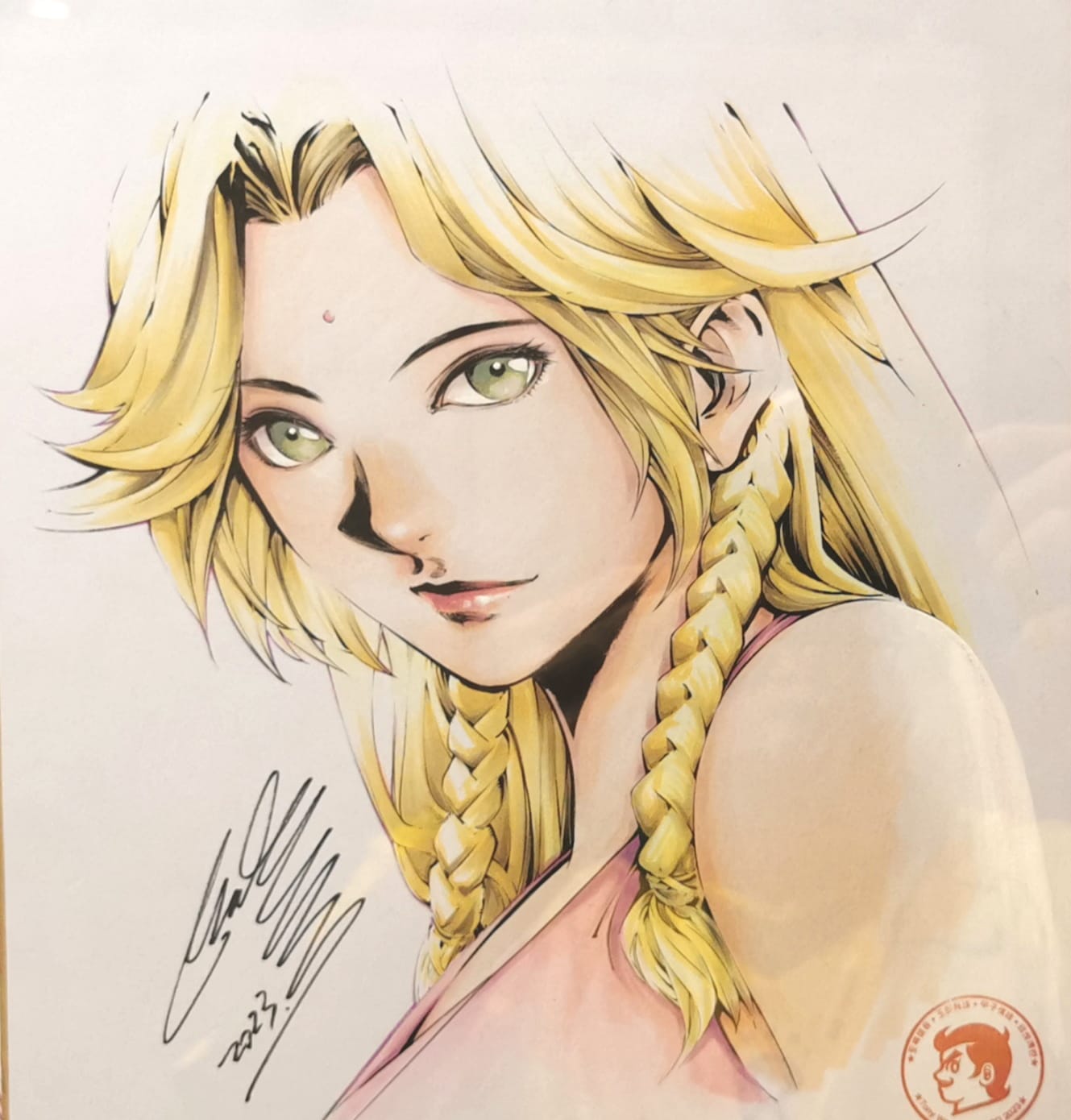 1girl andy_seto blonde_hair braid chinese_commentary commentary_request facial_mark forehead forehead_mark green_eyes highres light_smile long_hair low_twin_braids marker_(medium) original photo_(medium) portrait red_lips signal solo traditional_media twin_braids widow&#039;s_peak