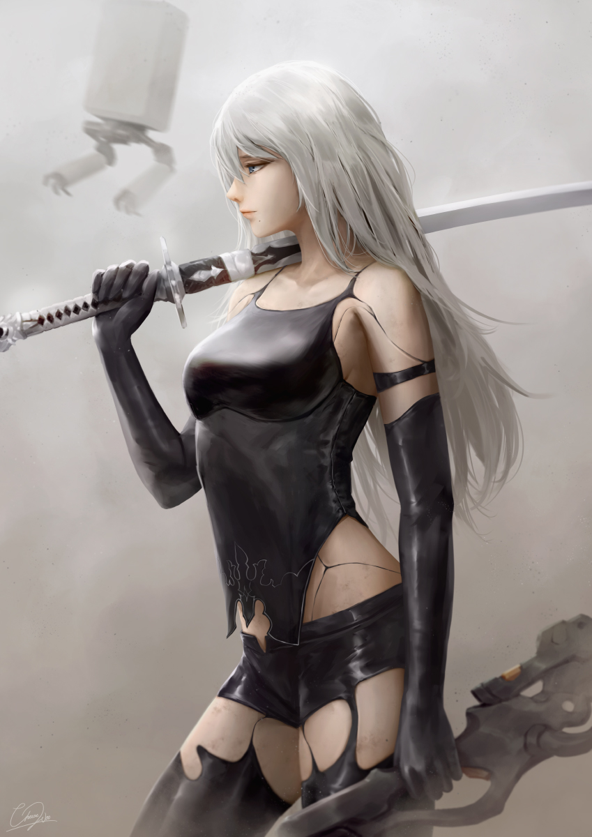 1girl a2_(nier:automata) android armlet bare_shoulders black_gloves black_shorts black_tank_top black_thighhighs blue_eyes breasts cheesewoo collarbone cowboy_shot elbow_gloves from_side gloves highres holding holding_sword holding_weapon jewelry joints long_hair nier:automata nier_(series) robot_joints shorts solo sword tank_top thighhighs thighs weapon white_hair