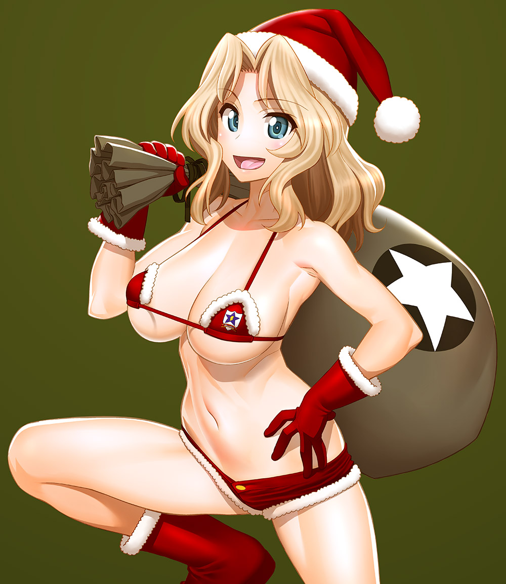 1girl bikini bikini_top_only blonde_hair blue_eyes boots breasts carrying_over_shoulder christmas commentary emblem female_focus foot_up fur-trimmed_bikini fur-trimmed_gloves fur_trim girls_und_panzer gloves green_background hair_intakes hand_on_own_hip hat holding holding_sack kawasumi_ayako kay_(girls_und_panzer) large_breasts leg_up long_hair looking_at_viewer micro_bikini minazuki_juuzou navel open_mouth panzercrab parted_bangs red_bikini red_boots red_gloves red_hat sack santa_bikini santa_costume santa_hat saunders_(emblem) short_shorts shorts simple_background smile solo standing star_(symbol) swimsuit voice_actor_connection