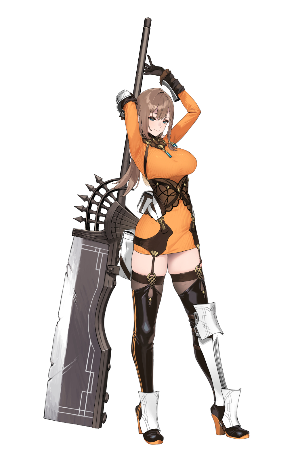 1girl 92m arms_up atelier_(series) atelier_resleriana black_boots black_gloves blue_eyes boots braid breasts brown_hair closed_mouth dress full_body gloves high_heels highres holding holding_weapon janne_lindemann large_breasts long_hair looking_at_viewer official_art orange_dress second-party_source side_braid simple_background skin_tight smile solo standing tachi-e thigh_boots thighhighs weapon white_background