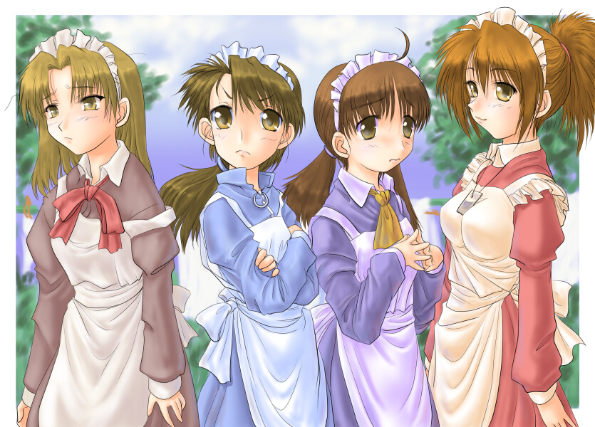 &gt;:( 4girls :/ ahoge apron ascot bad_anatomy blue_dress blue_sky blush bow bowtie brown_eyes brown_hair cowboy_shot crossed_arms day dog_tags dress frown futaba_channel green_eyes hidoi high_ponytail jewelry kudoi long_sleeves looking_at_viewer low_twintails maid maid_apron maid_headdress medoi modoi multiple_girls necklace nijiura_maids o-ring off_shoulder pendant plant ponytail poorly_drawn purple_dress serious short_hair sky smile steepled_fingers tree twintails v-shaped_eyebrows wavy_mouth