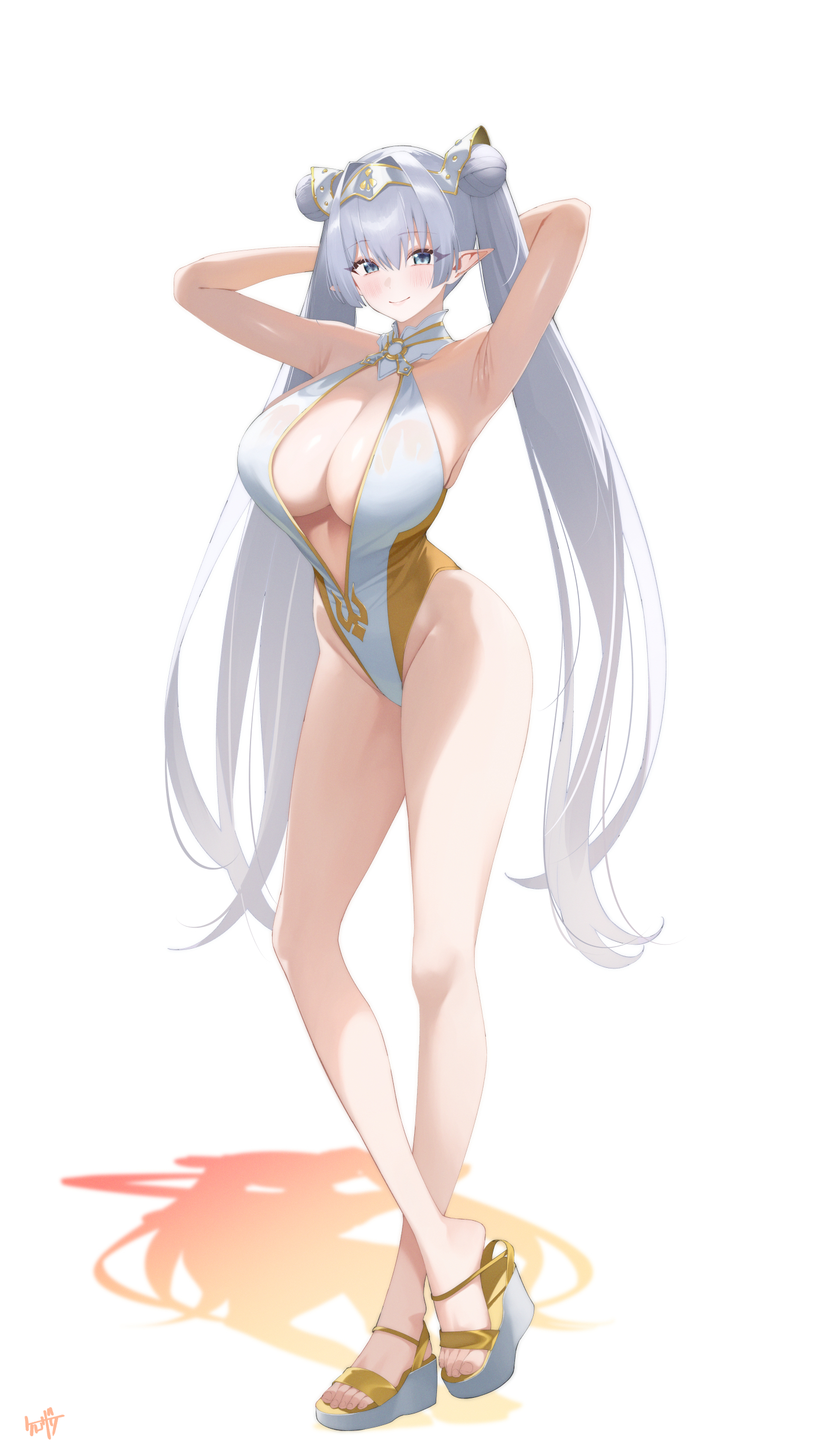 1girl absurdres alternate_costume armpits arms_up bare_arms bare_legs bare_shoulders blue_eyes breasts britomart_(fate) cleavage closed_mouth double_bun fate/grand_order fate_(series) full_body grey_hair hair_bun highleg highleg_one-piece_swimsuit highres kurozawa_yui large_breasts long_hair looking_at_viewer one-piece_swimsuit pointy_ears simple_background smile solo standing swimsuit thighs toes white_background white_one-piece_swimsuit