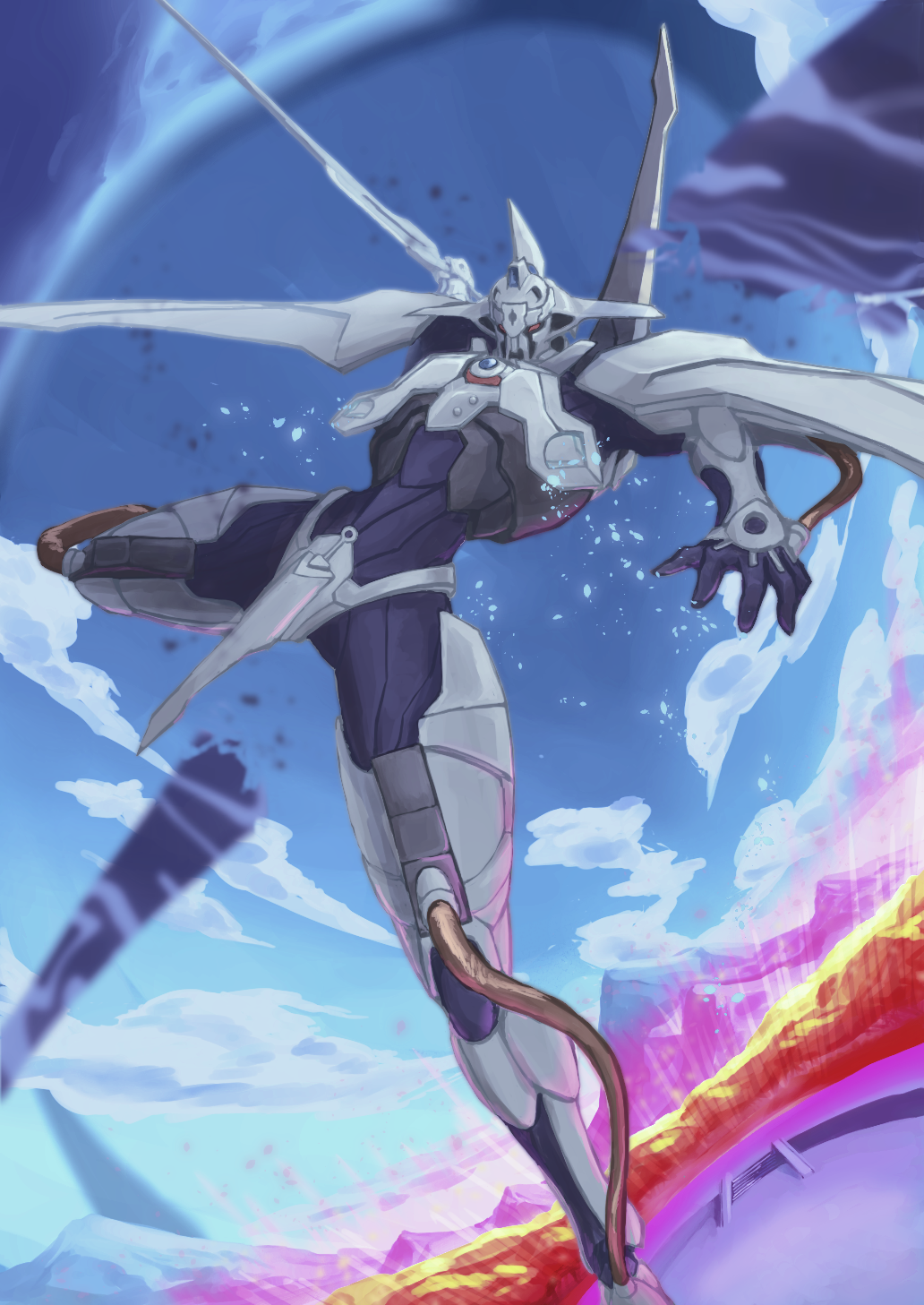 cable cloud dann_of_thursday energy_barrier gunxsword highres holding holding_sword holding_weapon katayuki_dayo mecha mountainous_horizon no_humans robot sword weapon