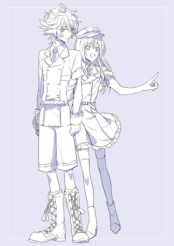 10s 2boys :d arm_hug bad_id bad_pixiv_id boots dress gotou_toushirou hat lace-up_boots male_focus midare_toushirou military military_uniform minami_(mnm_menma) monochrome multiple_boys necktie open_mouth pointing shorts smile touken_ranbu trap