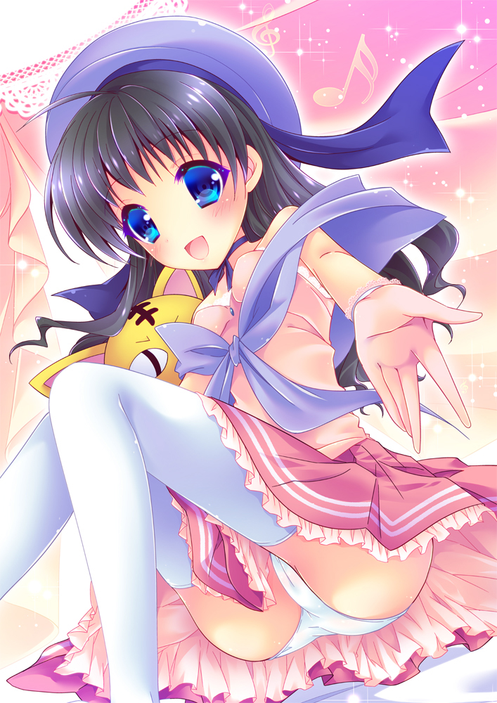 00s 1girl black_hair blue_eyes cameltoe comic_party enjoy_mix female_focus hat long_hair musical_note open_mouth outstretched_arm panties pantyshot sakurai_asahi shawl shirt skirt smile solo stuffed_animal stuffed_cat stuffed_toy thighhighs treble_clef underwear upskirt very_long_hair white_panties white_thighhighs