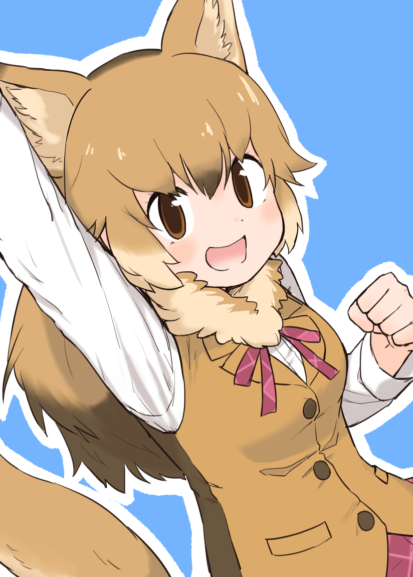 1girl :d animal_ear_fluff animal_ears arm_up black_hair blue_background brown_eyes brown_hair clenched_hand commentary_request culpeo_(kemono_friends) extra_ears fur_collar gradient_hair hair_between_eyes kemono_friends multicolored_hair open_mouth outline rumenia_(ao2is) shirt simple_background smile solo tail vest white_outline white_shirt