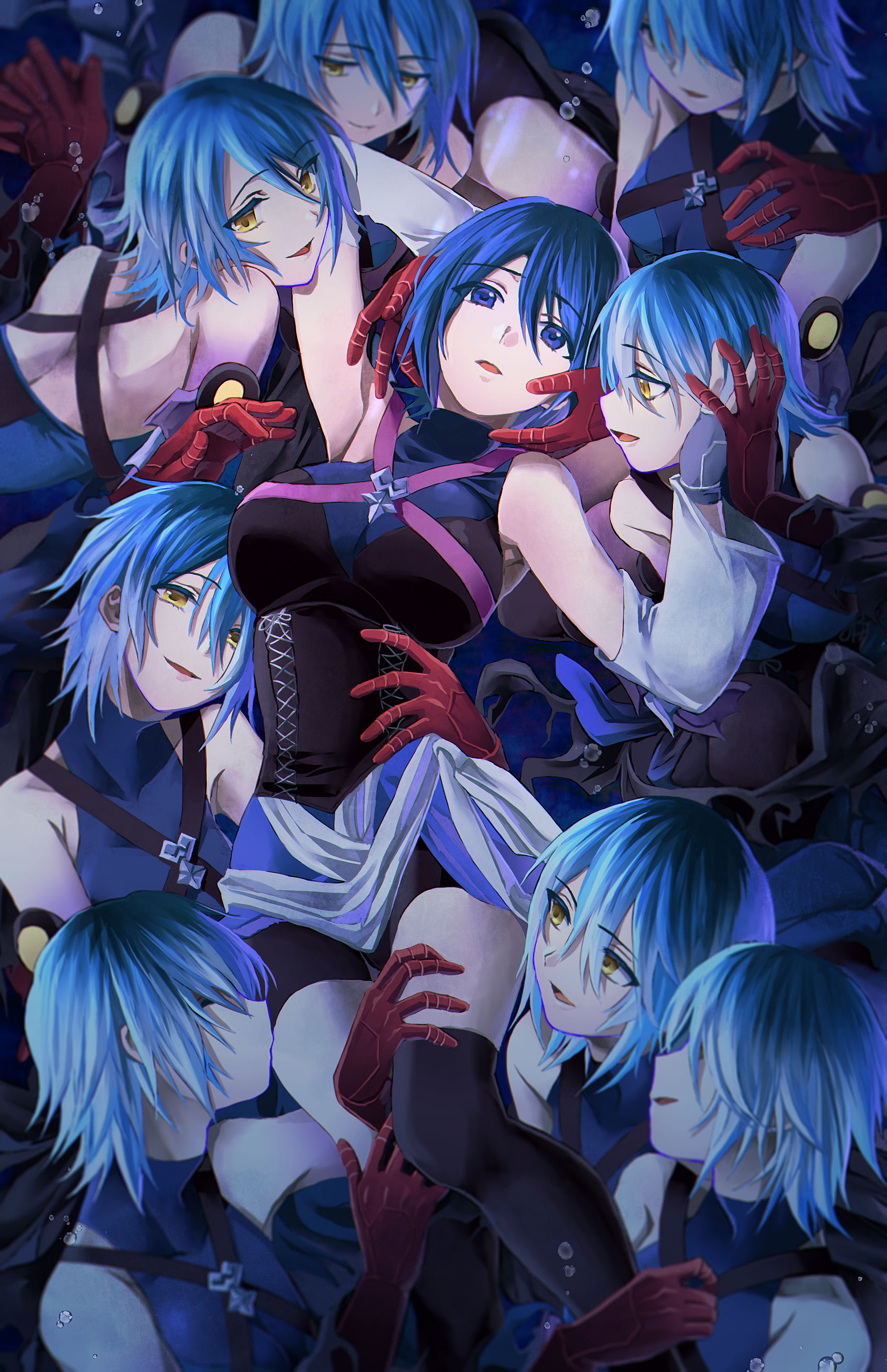 6+girls absurdres air_bubble anti-aqua aqua_(kingdom_hearts) arm_around_waist armpits black_legwear blue_eyes blue_hair bubble detached_sleeves evil_smile hair_over_eyes highres holding_hands kingdom_hearts kingdom_hearts_iii kissing_thigh looking_at_another looking_at_viewer maimai_melc multiple_girls multiple_persona short_shorts shorts silver_hair smile thigh_grab thighhighs yellow_eyes