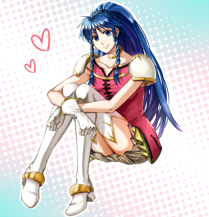 1girl blue_eyes blue_hair braid delsaber fire_emblem fire_emblem:_the_sacred_stones long_hair looking_at_viewer nintendo ponytail side_braids smile tana_(fire_emblem) thighhighs twin_braids