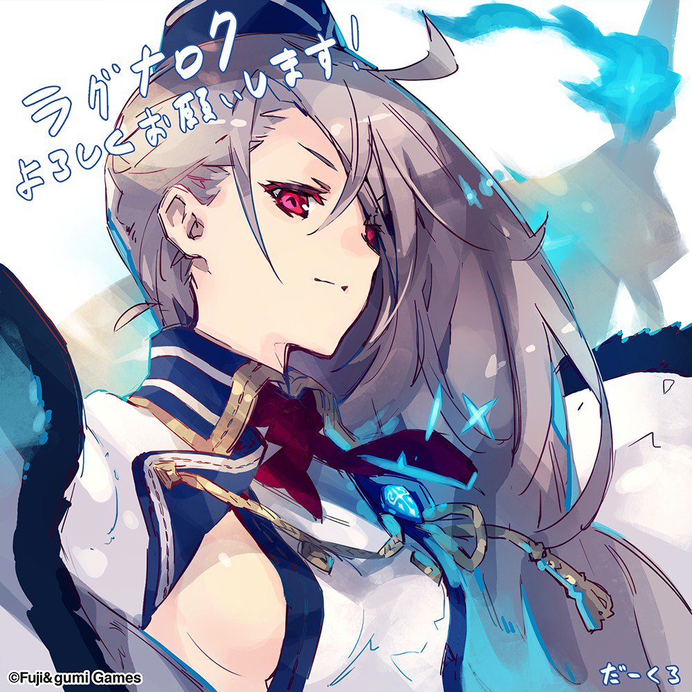 1girl ahoge ancient_killers_(phantom_of_the_kill) artist_name breasts closed_mouth commentary_request da-kuro grey_hair hair_behind_ear hair_over_one_eye hat long_hair looking_at_viewer medium_breasts military_uniform official_art phantom_of_the_kill ragnarok_(phantom_of_the_kill) red_eyes second-party_source sideboob simple_background solo white_background