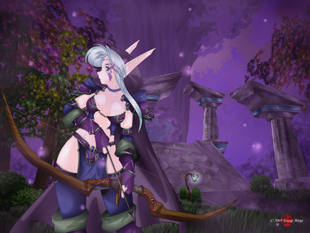 arrow_(projectile) bikini blue_eyes bow_(weapon) bra elbow_gloves elf forest gloves lingerie nature night_elf_(warcraft) pointy_ears ruins solo swimsuit thighhighs underwear warcraft weapon white_hair world_of_warcraft young_wang