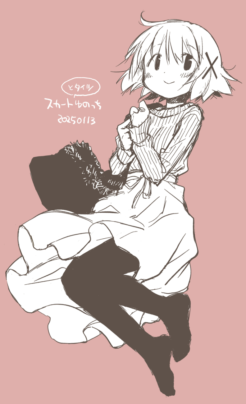 1girl aoki_ume bag closed_mouth commentary_request dated full_body fur_trim greyscale_with_colored_background hair_ornament hairclip happy hidamari_sketch high-waist_skirt highres jumping light_blush long_sleeves looking_at_viewer loose_hair_strand medium_skirt pantyhose pink_background pleated_skirt short_hair shoulder_bag signature simple_background skirt sleeves_past_wrists smile solo sweater tareme waist_ribbon x_hair_ornament yuno_(hidamari_sketch)