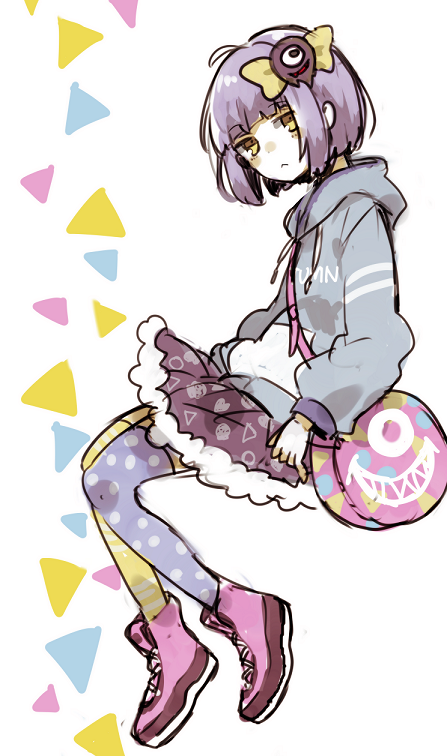 1girl :&lt; asymmetrical_legwear bag blue_hoodie boots bow commentary_request full_body hood hoodie long_sleeves looking_at_viewer mashiro_hiro mismatched_legwear pink_boots polka_dot_thighhighs purple_hair purple_skirt purple_thighhighs shoulder_bag sidelocks simple_background skirt solo striped_clothes striped_thighhighs tasokare_hotel thighhighs triangle tsukahara_neko white_background yellow_bow yellow_eyes yellow_thighhighs