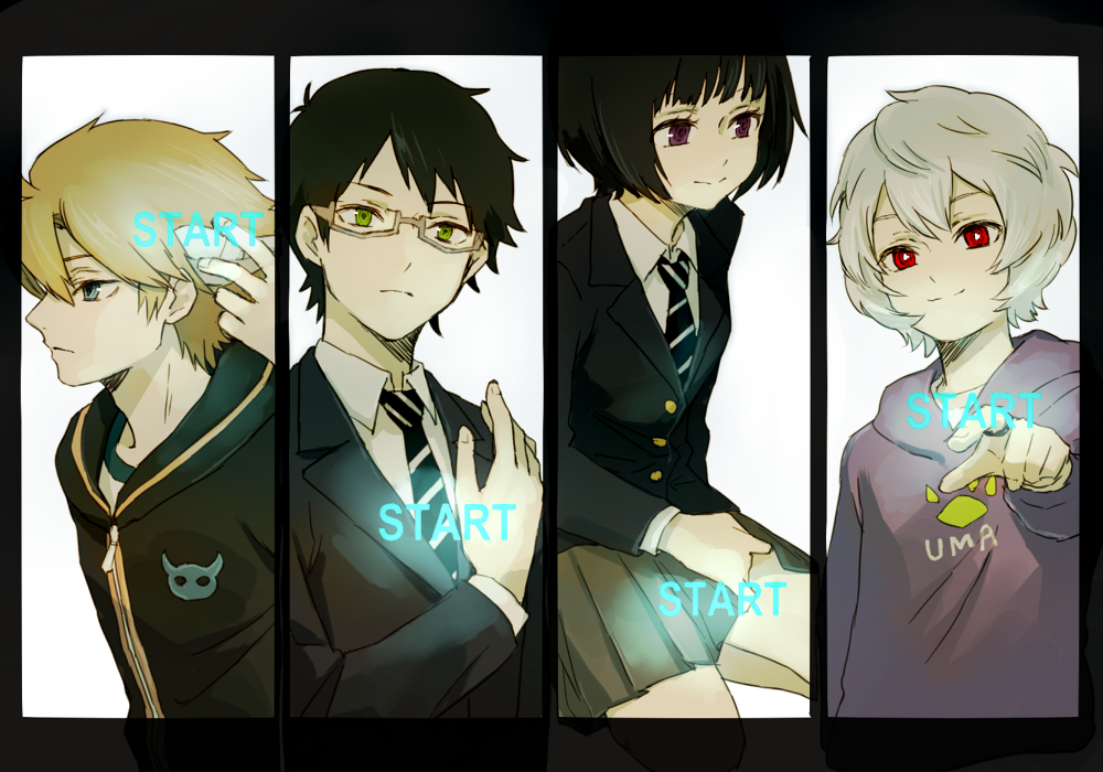 1girl 3boys amatori_chika black_hair black_jacket blazer blonde_hair casual closed_mouth clothes_lift clothes_writing column_lineup english_text frown glasses green_eyes grey-framed_eyewear grey_hair grey_skirt hand_on_own_horn hand_up hood hood_down hoodie horns hyuse jacket jewelry kneeling kuga_yuuma kuromu_(kaeru) long_sleeves looking_ahead looking_at_viewer mikumo_osamu miniskirt multiple_boys necktie pleated_skirt pointing pointing_at_viewer profile purple_eyes purple_hoodie red_eyes ring school_uniform semi-rimless_eyewear short_hair simple_background skirt skirt_lift striped_necktie under-rim_eyewear upper_body white_background world_trigger