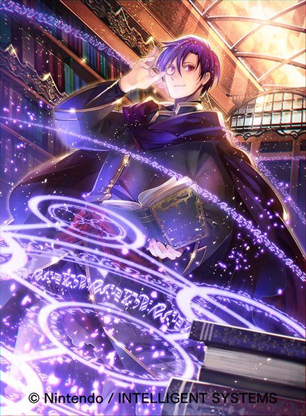 1boy book canas_(fire_emblem) capelet company_name fire_emblem fire_emblem:_the_blazing_blade fire_emblem_cipher kyouka_hatori magic_circle male_focus monocle nintendo official_art purple_eyes purple_hair solo sparkle