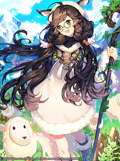 1girl 2016 ahoge animal_ears artist_name boots braid brown_hair company_name dated day feathers female_focus fur_trim glasses grass green_eyes gyakushuu_no_fantasica hood leaf long_hair mountain muse_(rainforest) sheep sheep_ears sky solo staff twin_braids
