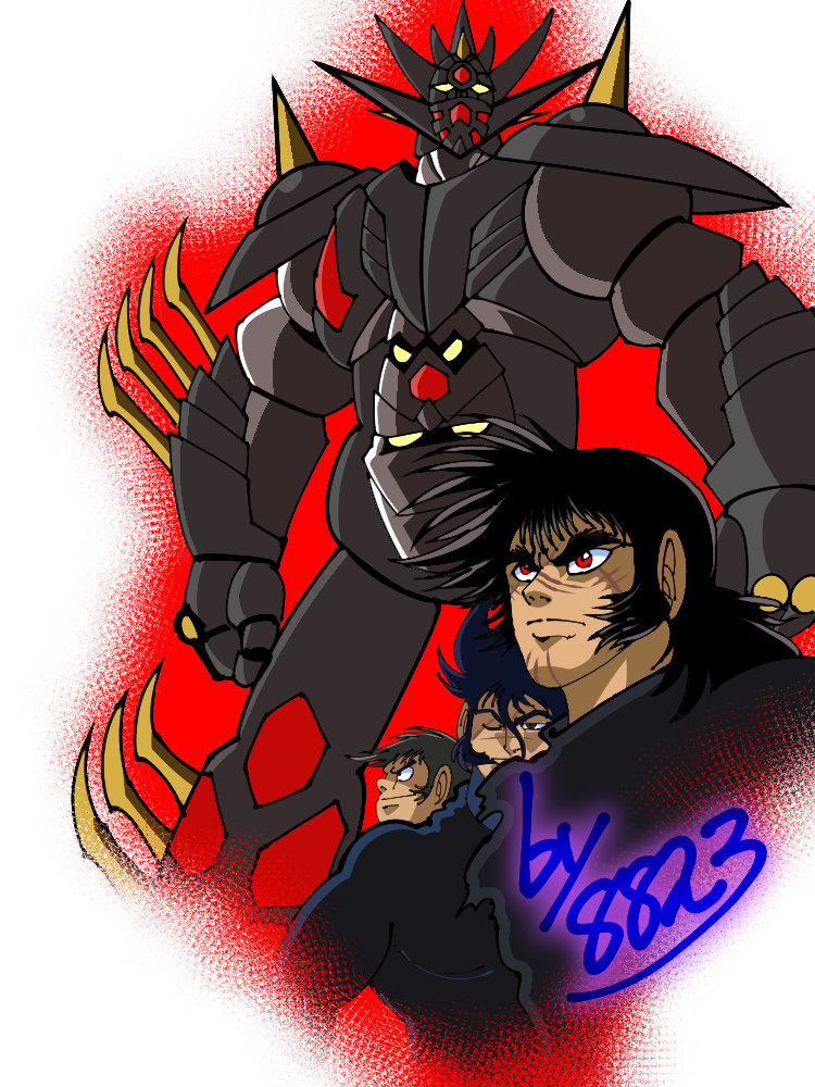 3boys black_hair commentary_request cpwm3723 getter_noir_g getter_robo ishikawa_ken_(style) jin_hayato male_focus mecha mecha_focus multiple_boys musashi_tomoe nagare_ryoma pilot_suit robot science_fiction sideburns signature smile super_robot super_robot_wars super_robot_wars_dd twitter_username yellow_eyes