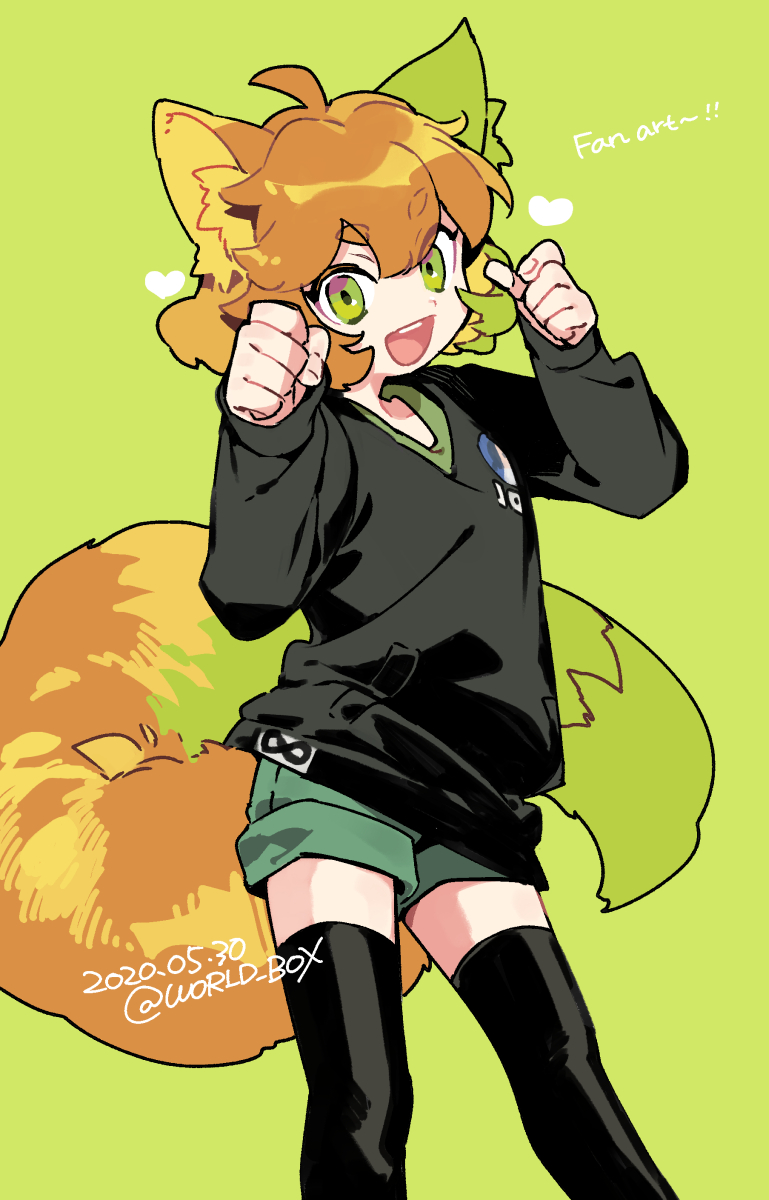 1girl animal_ears black_shirt black_thighhighs brown_hair dated fox_ears fox_girl fox_tail green_background green_eyes green_shorts hands_up heart highres long_sleeves looking_at_viewer medium_hair open_mouth ruoshui_(the_legend_of_luoxiaohei) shirt shorts simple_background smile solo tail luo_xiaohei_zhanji thighhighs twitter_username vox