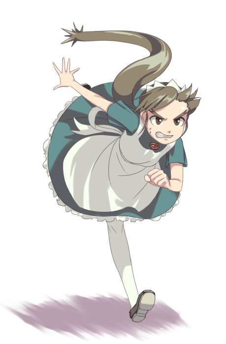 1girl black_shoes female_focus futaba_channel maid maid_headdress modoi nijiura_maids pantyhose ponytail running shoes solo