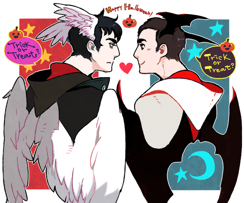 2boys alex_mercer angel_and_devil angel_wings assassin&#039;s_creed_(series) crossover demon_wings desmond_miles eye_contact from_behind frown halloween head_wings konrenmaru looking_at_another lowres male_focus multiple_boys prototype_(game) smile wings