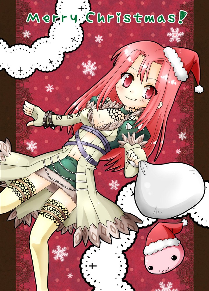 1girl :3 alternate_color blush breasts christmas closed_mouth coat commentary_request cross-laced_clothes cross-laced_gloves cross-laced_top elbow_gloves feet_out_of_frame fingerless_gloves fur-trimmed_coat fur_trim gloves green_skirt grey_coat grey_gloves lace lace-trimmed_legwear lace_trim long_hair looking_at_viewer medium_breasts merry_christmas meruya_(catcan) miniskirt pink_eyes pink_hair poring ragnarok_online red_background shadow_chaser_(ragnarok_online) skirt slime_(creature) smile snowflakes solo thighhighs yellow_thighhighs