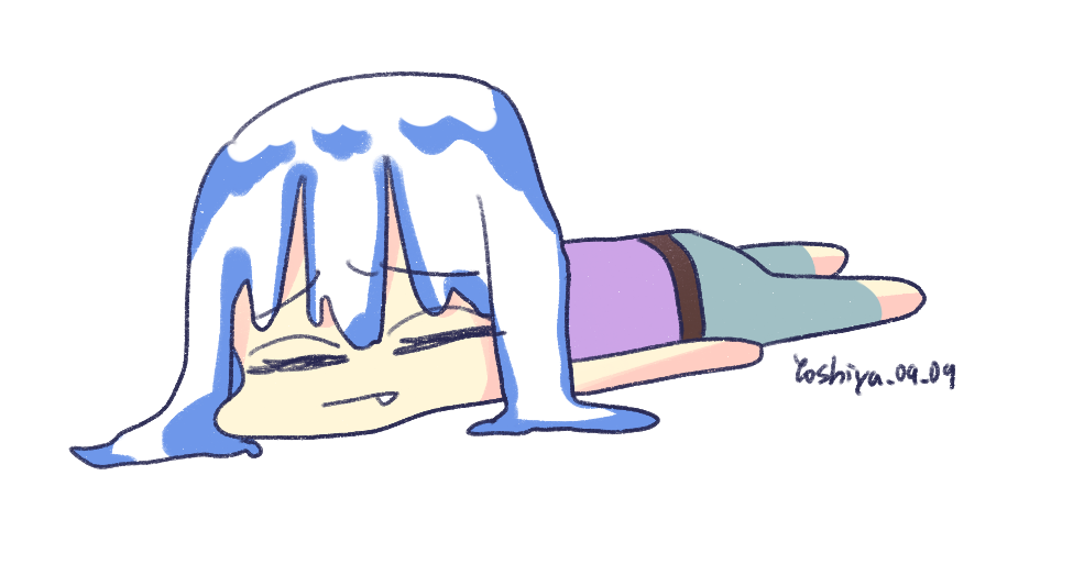 arms_at_sides belt blue_streaks chibi frown furrowed_brow grey_pants hoozuki_suigetsu lying male_focus melting naruto_(series) naruto_shippuuden on_stomach pants purple_shirt shirt simple_background sleeveless sleeveless_shirt solo sploot tooth_sticking_out_of_mouth white_hair yoshiya0909