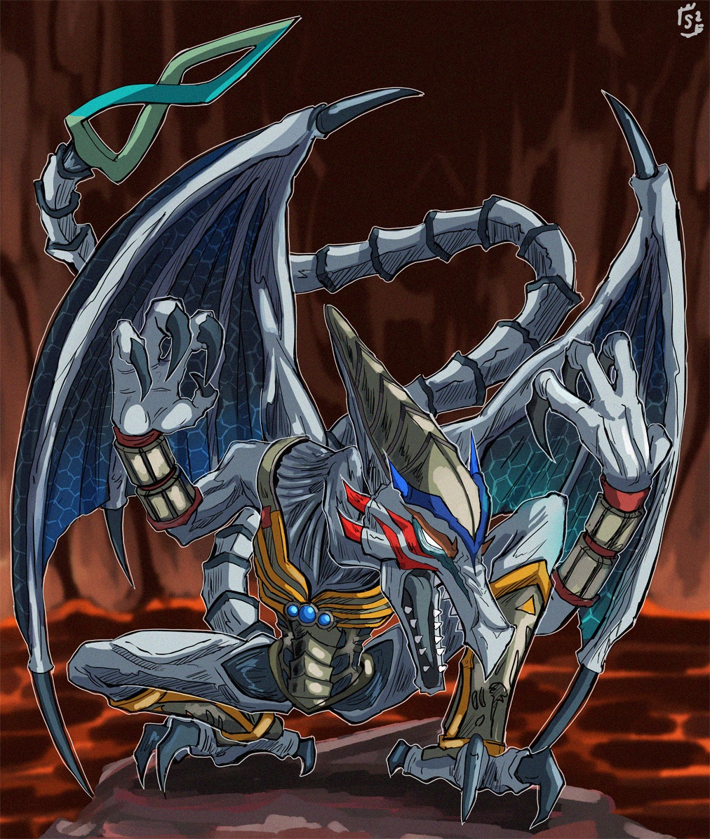 1boy alien alternate_costume alternate_form alternate_tail armor arms_up blue_gemstone breastplate chest_jewel claws commentary corruption dark_persona dinosaur dinosaur_boy double_helix dragon dragon_boy dragon_wings english_commentary facial_mark facial_tattoo fangs fierce_deity gem glowing glowing_eye glowing_eyes hal_laboratory lava looking_to_the_side male_focus metroid nintendo no_humans no_pupils open_mouth possessed possession ridley shin_guards squatting stoic_seraphim super_smash_bros. tail tattoo the_legend_of_zelda the_legend_of_zelda:_majora&#039;s_mask triangle triangle_print white_eyes wings wrist_guards
