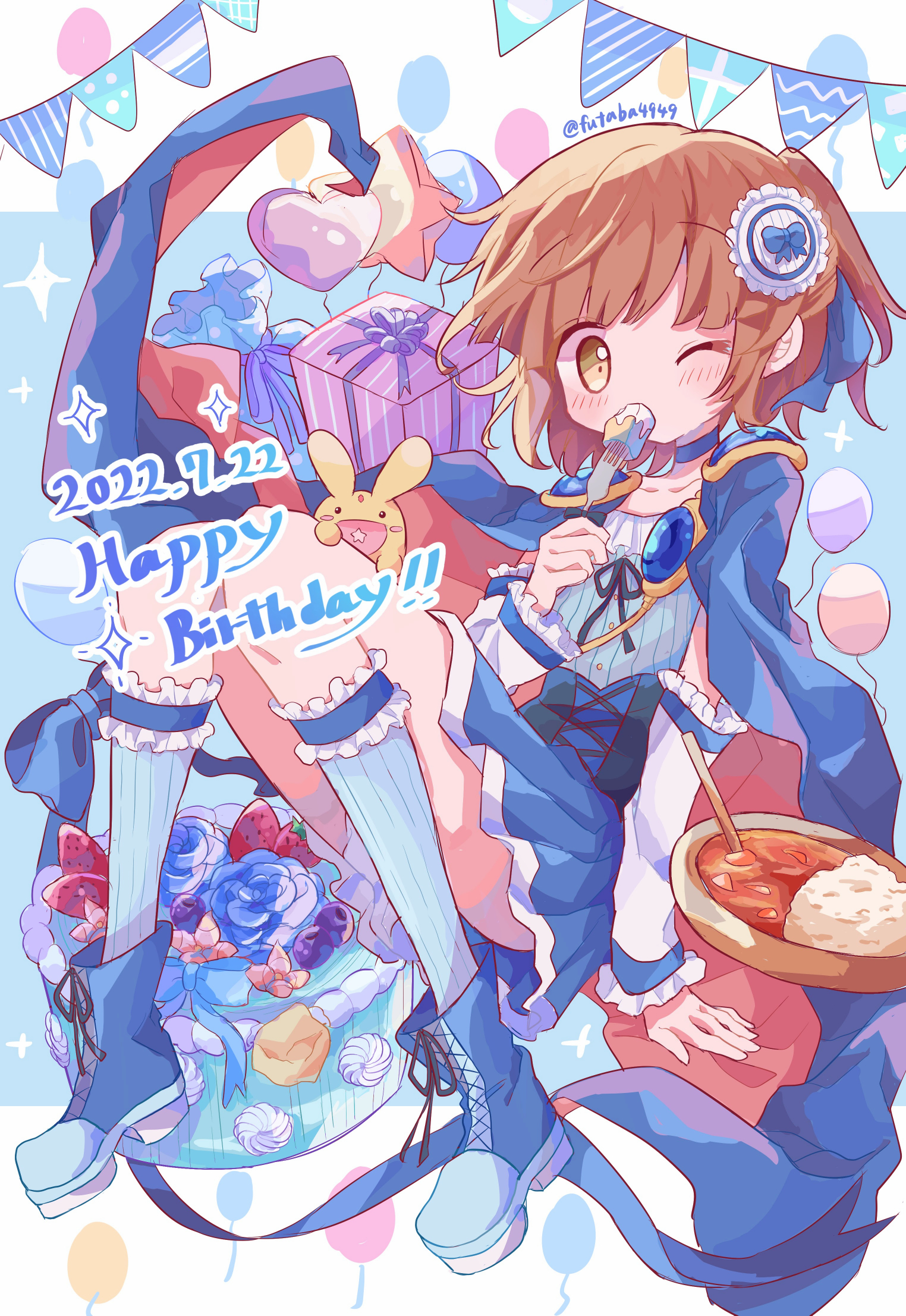 1girl arle_nadja balloon birthday_cake blue_boots blue_cape blue_skirt blue_thighhighs blush boots brown_hair cake cape carbuncle_(puyopuyo) commentary_request curry curry_rice flower food full_body futaba969649 gift happy_birthday heart highres looking_at_viewer madou_monogatari one_eye_closed puyopuyo rice sitting skirt thighhighs yellow_eyes