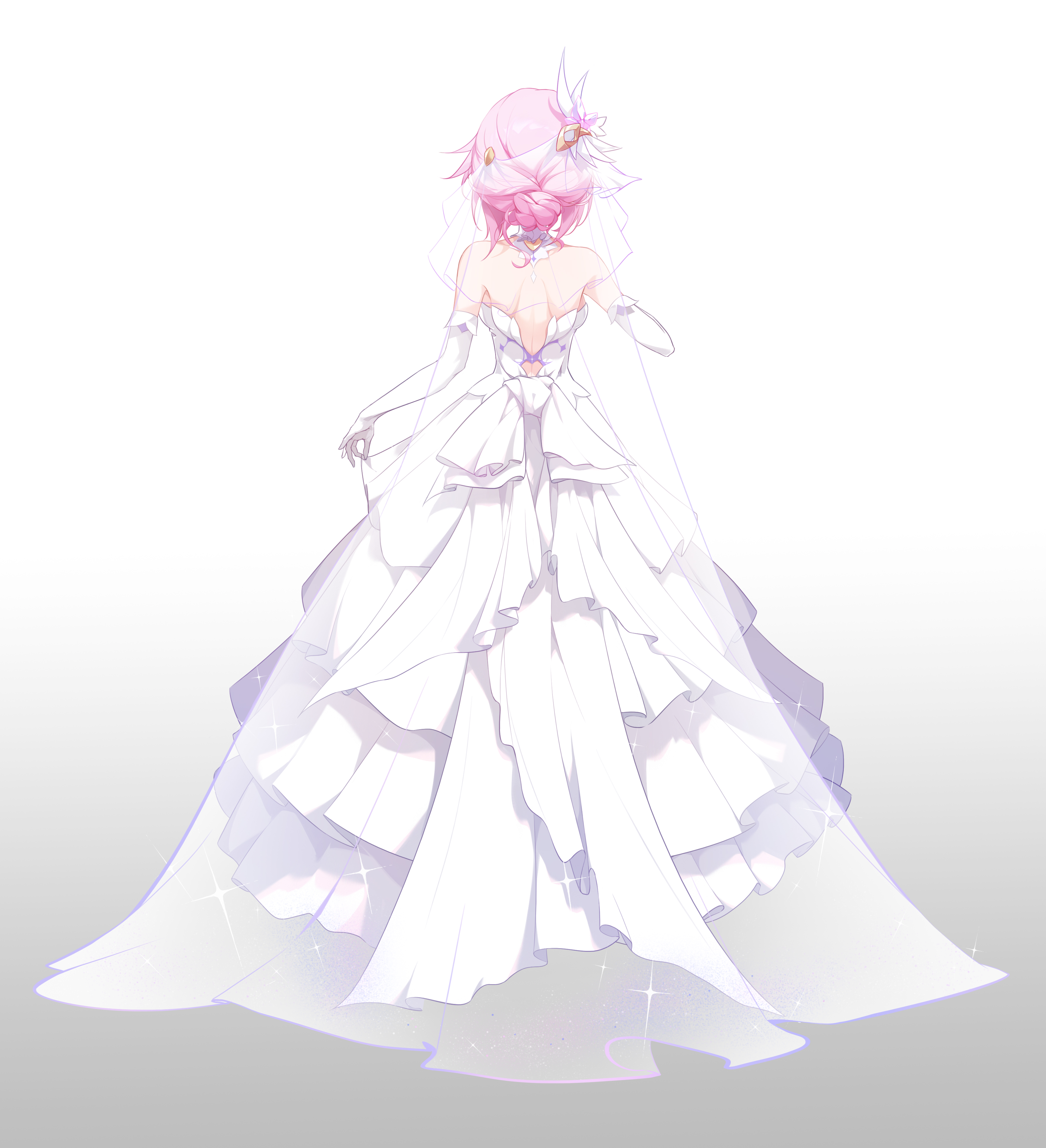 1girl absurdres alternate_costume back bare_shoulders bridal_veil chinese_commentary commentary_request dress elbow_gloves elysia_(honkai_impact) from_behind gloves highres honkai_(series) honkai_impact_3rd pink_hair short_hair simple_background solo veil via_shinan wedding_dress white_background white_dress white_gloves