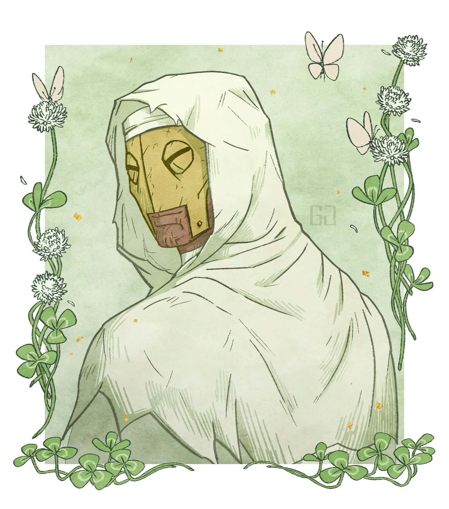 1boy border bug butterfly capelet closed_mouth clover commentary cracked_skin cropped_torso darkest_dungeon flower gwahaeyo half_mask highres hood hood_up hooded_capelet insect leaf leper_(darkest_dungeon) light_smile looking_back male_focus mask solo symbol-only_commentary white_border white_capelet white_hood yellow_mask
