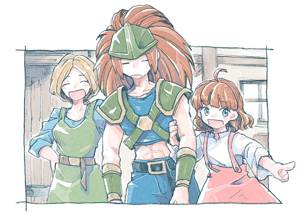 1boy 2girls abs ahoge arm_guards armor aunt_and_nephew belt blonde_hair blue_eyes blush brother_and_sister child closed_eyes door duran_(seiken_densetsu_3) grabbing_another&#039;s_arm helmet michibata_65 multiple_girls open_mouth orange_hair pointing seiken_densetsu seiken_densetsu_3 shoulder_armor siblings skirt window