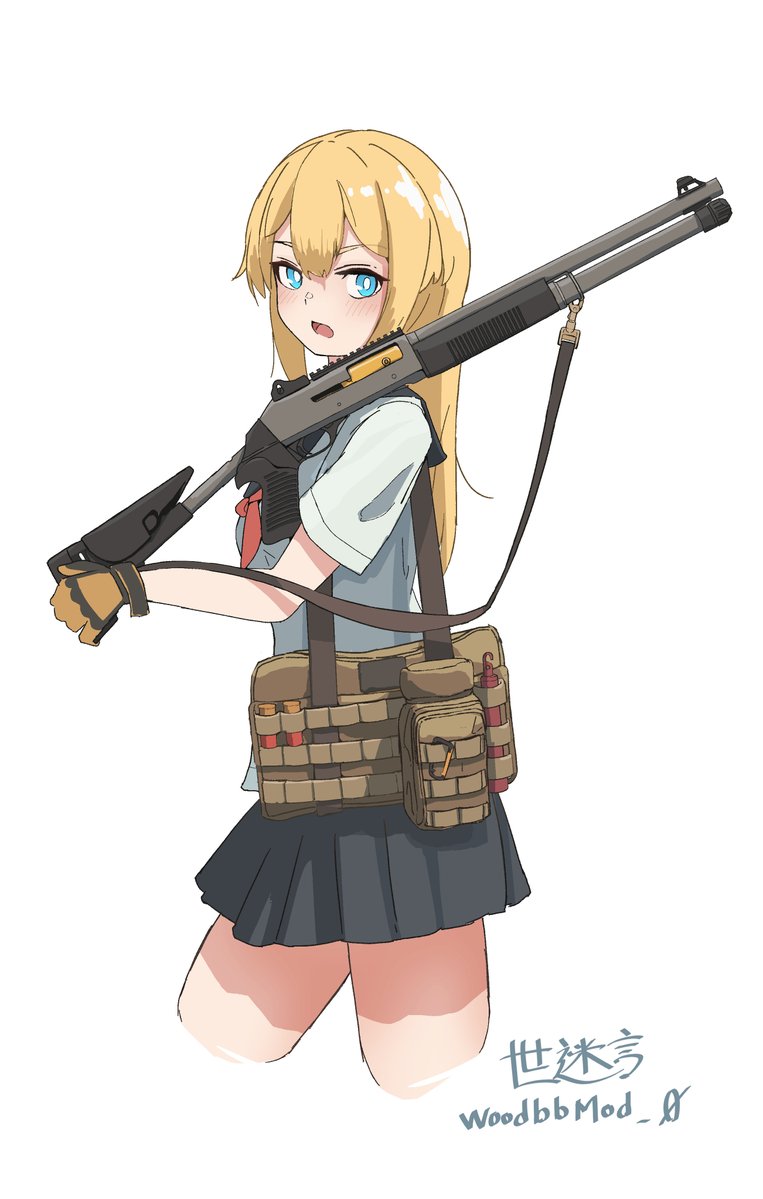 1girl annoyed artist_name benelli_m4_super_90 blonde_hair blue_eyes gloves grey_skirt gun long_hair looking_at_viewer okapi_(yomaigoto) open_mouth original shirt short_sleeves shotgun skirt solo weapon white_background white_shirt yellow_gloves