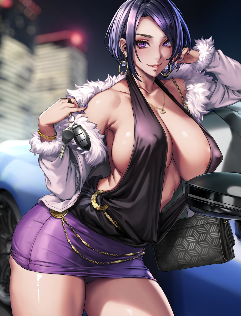 1girl areola_slip bag bangle blue_nails bracelet breasts car car_keys commentary covered_erect_nipples ear_piercing earrings fur-trimmed_jacket fur_trim highres huge_breasts jacket jewelry long_hair looking_at_viewer low-cut low-cut_armhole motor_vehicle original panties pantyshot parted_lips pencil_skirt piercing purple_eyes purple_hair purple_skirt sadakage short_hair shoulder_bag sideboob skirt smile solo thighs underwear white_jacket