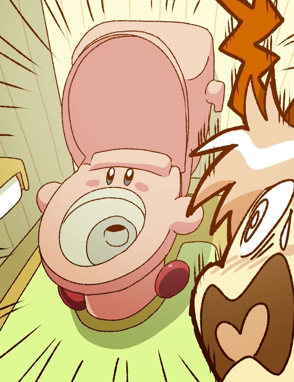 1girl blush_stickers commentary_request emphasis_lines highres kirby kirby_(series) looking_at_another mouthful_mode nintendo open_mouth pink_hair red_ribbon ribbon ribbon_(kirby) surprised sweat toilet yutakunatu