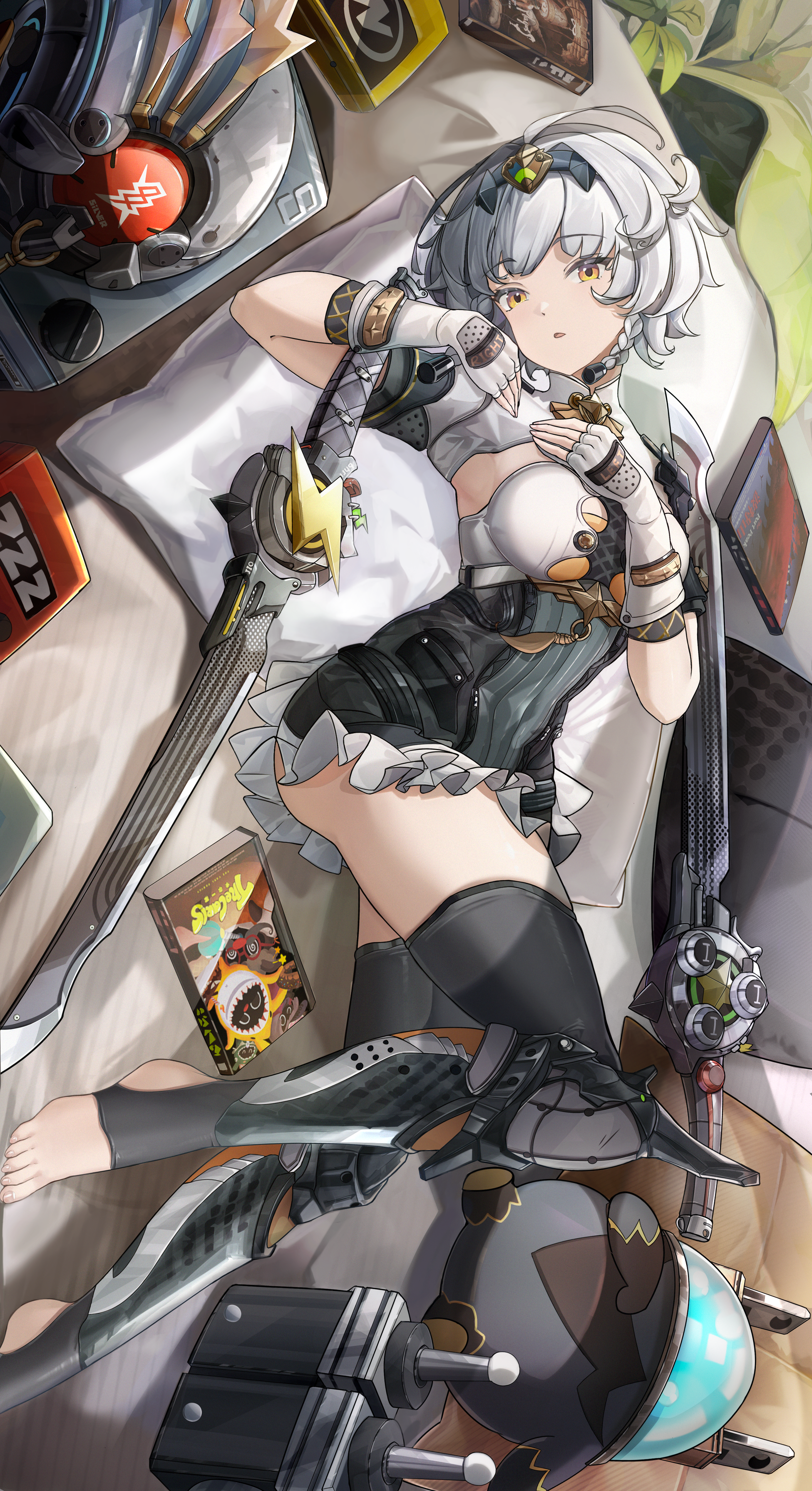 1girl absurdres anby_demara anby_demara_(silver_soldier) bangboo_(zenless_zone_zero) black_boots black_hairband boots braided_sidelocks dvd_case fingerless_gloves gloves grey_hair hairband highres looking_at_viewer lying my_neighbor_totoro_yerby official_alternate_costume on_back on_bed orange_eyes parted_lips short_hair sideboob_cutout sword weapon white_gloves zenless_zone_zero