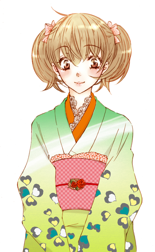 1girl brown_eyes brown_hair checkered_sash fukuzawa_yumi gradient_clothes gradient_kimono green_kimono heart heart_print japanese_clothes kaneko_botan kimono looking_at_viewer maria-sama_ga_miteru obi obiage obijime pink_sash sash smile solo twintails upper_body white_background