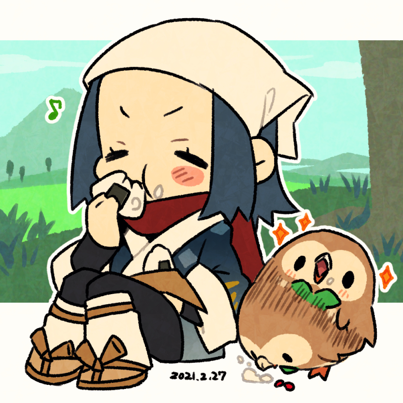 1girl afterimage akari_(pokemon) blue_hair blush_stickers chibi chibi_only closed_eyes dated eating food food_on_face gen_7_pokemon headscarf japanese_clothes mid_(mid_skb) musical_note nintendo onigiri outdoors pokemon pokemon_(creature) pokemon_legends:_arceus red_scarf rowlet scarf sparkle white_headscarf