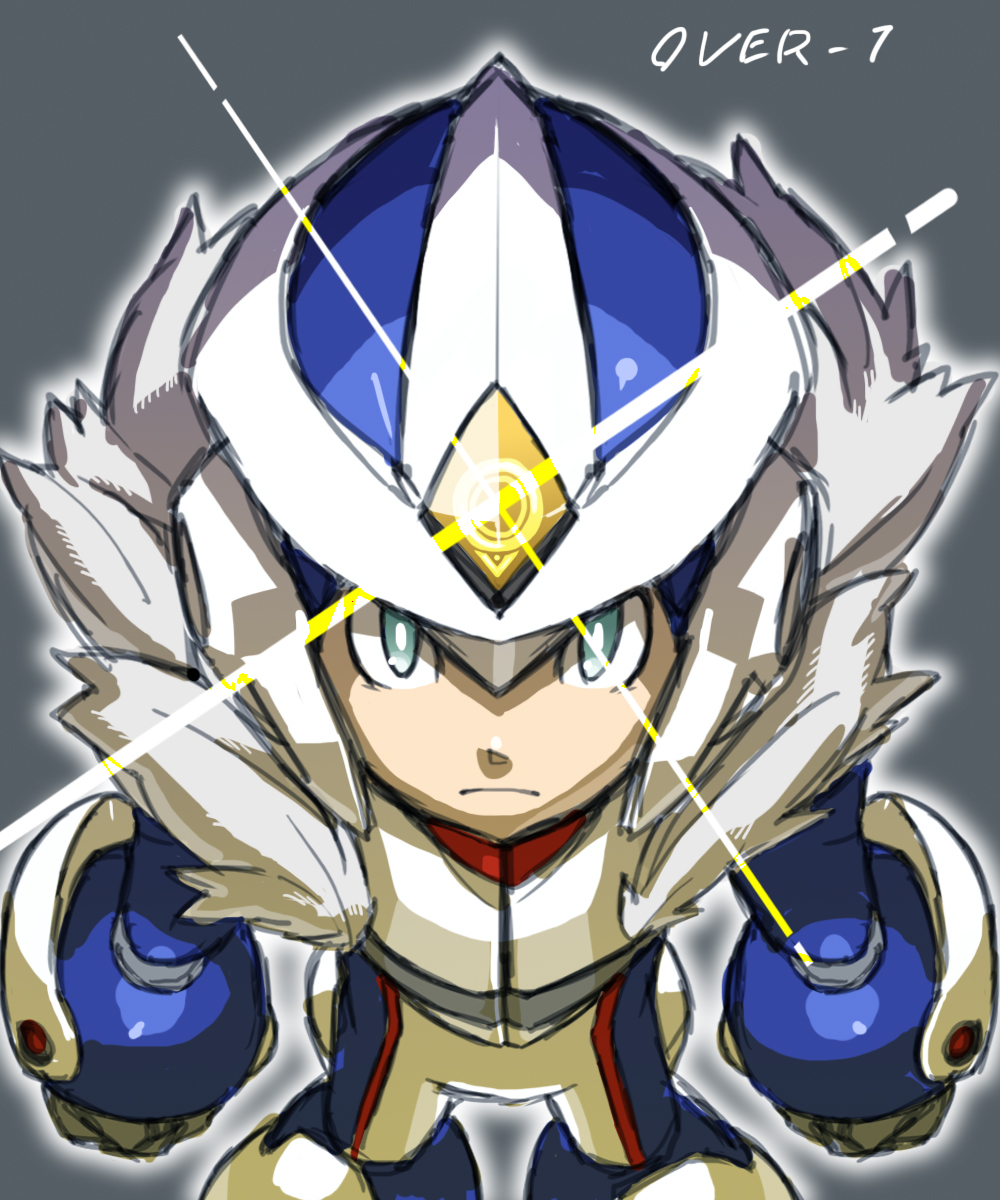 1boy android bad_id bad_pixiv_id capcom character_name from_above fur_trim green_eyes grey_background helmet highres looking_at_viewer looking_up male_focus mega_man_(series) over-1_(mega_man) rockman_xover simple_background solo tonami_kanji
