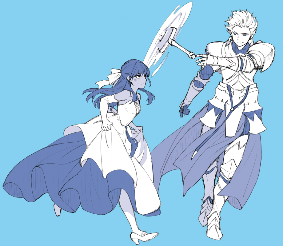 armor blue_background bow closed_mouth dark_skin dress earrings elbow_gloves fate/strange_fake fate_(series) full_armor gate_of_babylon_(fate) gilgamesh_(fate) gloves hair_bow holding holding_unworn_clothes holding_unworn_dress isshoku_(shiki) jewelry long_hair looking_at_another open_mouth short_hair simple_background skirt_hold sleeveless sleeveless_dress smile sword tine_chelc weapon white_bow white_gloves