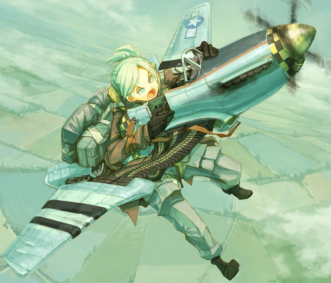 1girl ammunition ammunition_belt ammunition_chute asterisk_kome blue_eyes boots escort_fighter female_focus flying gloves jacket leather leather_jacket mecha_musume open_mouth original p-51_mustang pants parachute propeller short_hair solo wings world_war_ii