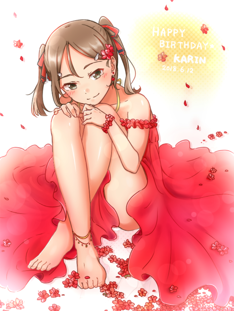 1girl 2018 anklet bare_legs barefoot bracelet brown_eyes brown_hair character_name closed_mouth collarbone dated dress eda_udon flower flower_bracelet full_body hair_flower hair_ornament happy_birthday hugging_own_legs jewelry long_dress miyoshi_karin petals red_dress red_flower sitting sleeveless sleeveless_dress smile solo twintails yuuki_yuuna_wa_yuusha_de_aru yuusha_de_aru