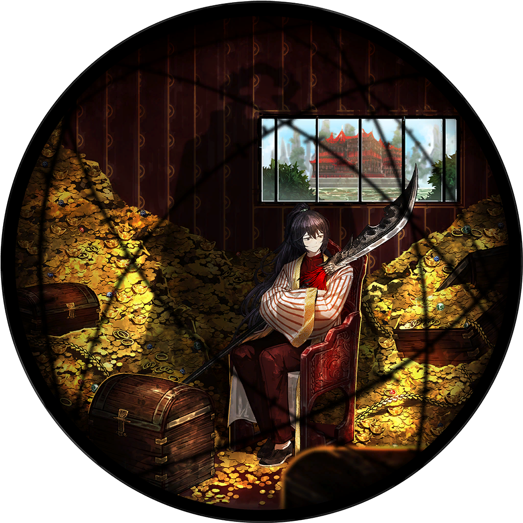 1boy barbed_wire bell black_footwear black_hair blue_hairband chair chest_(furniture) coin e.g.o_(project_moon) game_cg gem glaive_(polearm) gold hairband high_ponytail holding holding_polearm holding_weapon hong_lu_(project_moon) jewelry limbus_company long_hair mansion nai_ga official_art on_chair pants plant polearm ponytail prison_clothes project_moon red_pants red_shirt ring sad shadow shirt shoes solo_focus water weapon