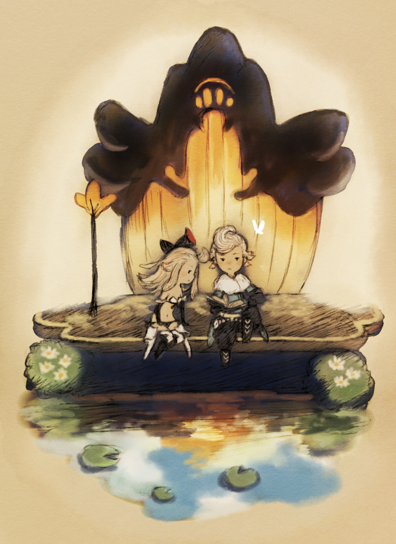 1boy 1girl bikini black_bikini blonde_hair blue_shirt book bow bravely_default:_flying_fairy bravely_default_(series) bug bush butterfly edea_lee elbow_gloves gloves hair_bow holding holding_book insect long_hair long_sleeves maeka_(kumaekake) official_alternate_costume open_book pompadour ringabel shirt short_hair sitting swimsuit